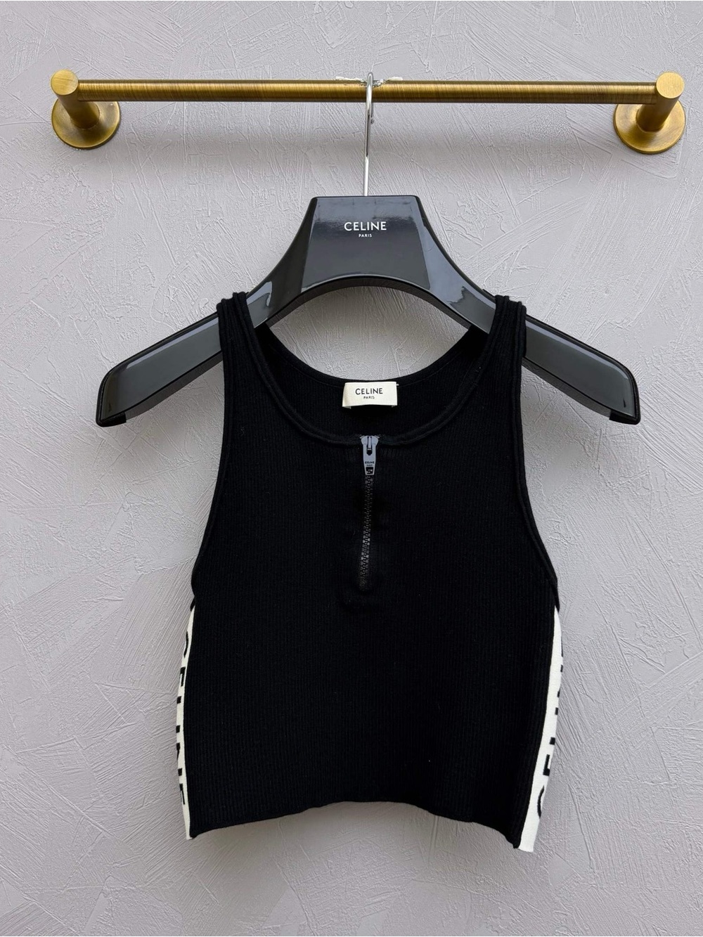 🚩steal Celine Black Ribbed Zip Crop Tank with White Side Panels